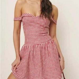 Reformation Red Gingham Off-Shoulder Mini Dress | NWT | Size 6 (Runs Small)